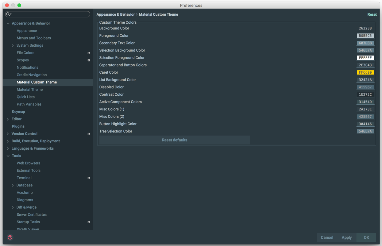 Material Custom Theme Settings