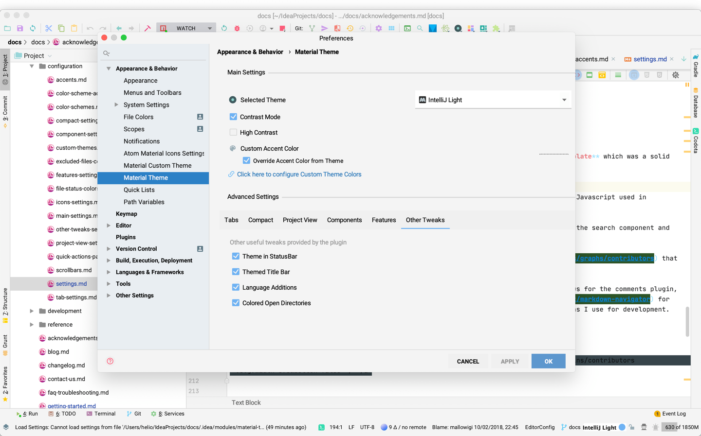 Material Theme UI Documentation Settings