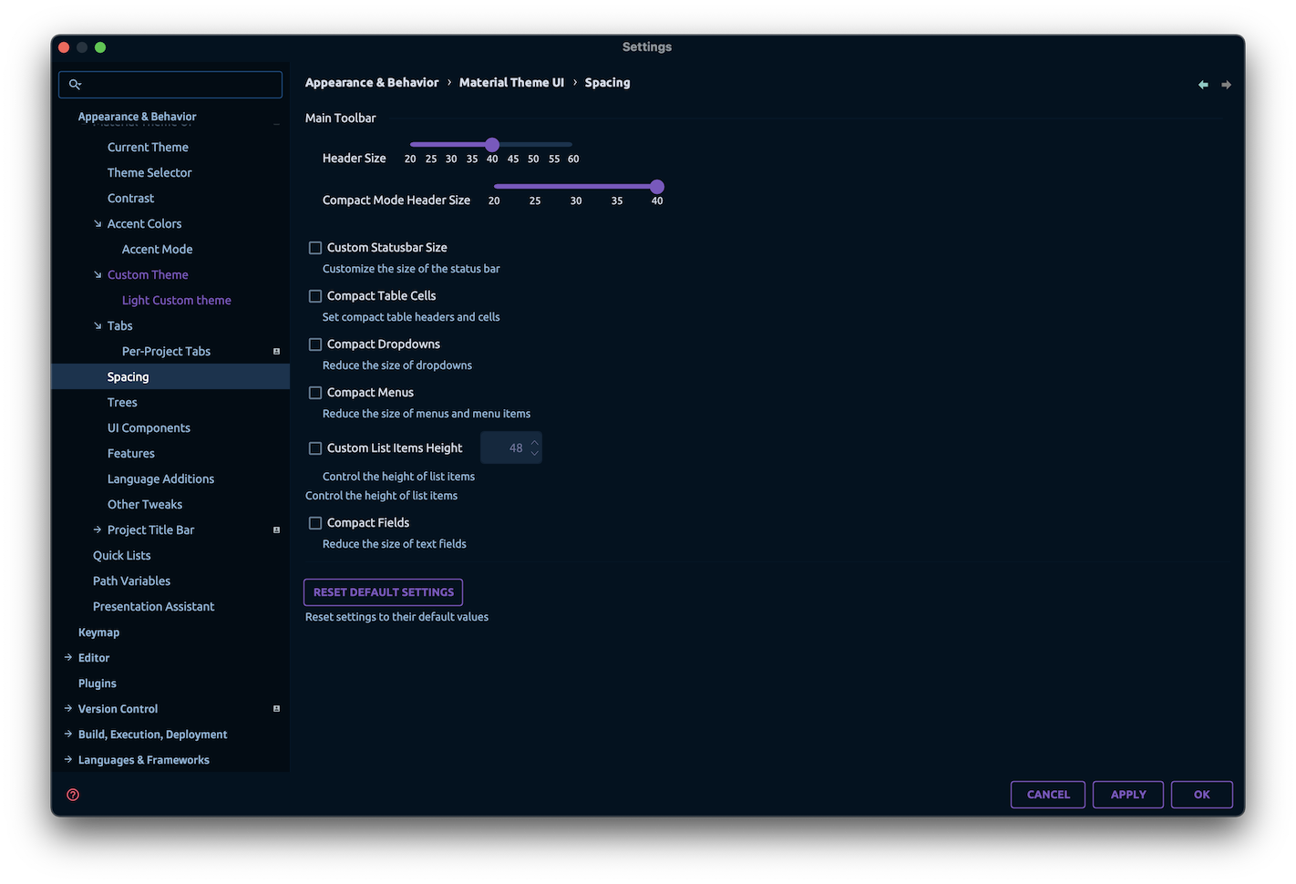 Spacing Settings