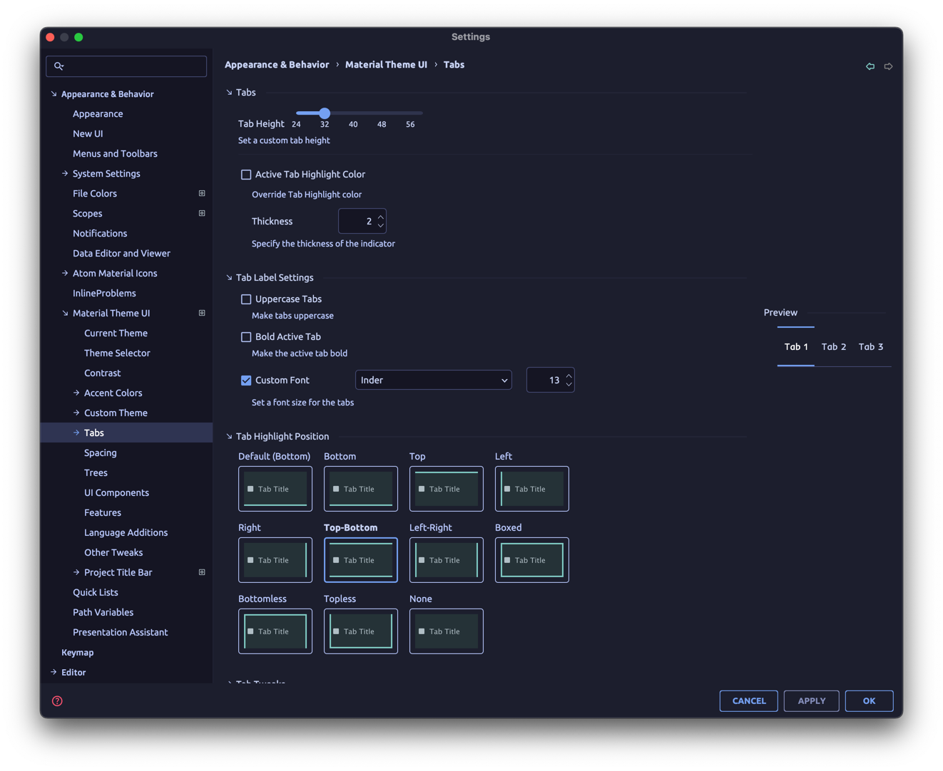 Tabs Settings
